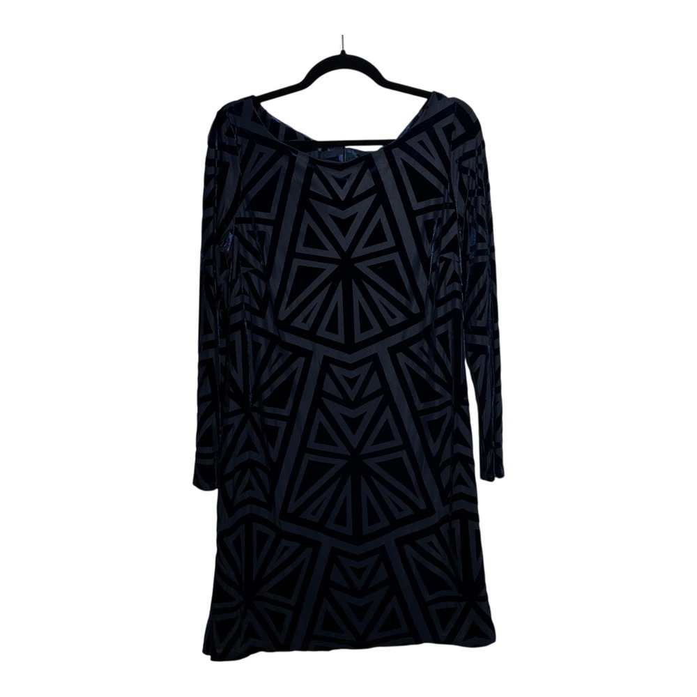 Vince Camuto Women 14 Navy Blue Geometric Burnout Velvet LongSleeve Sheath Dress